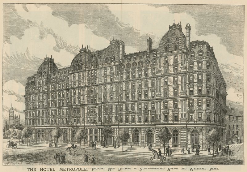 The Hotel Metropole, proposed new building in Northumberland Avenue and Whitehall Place by English School