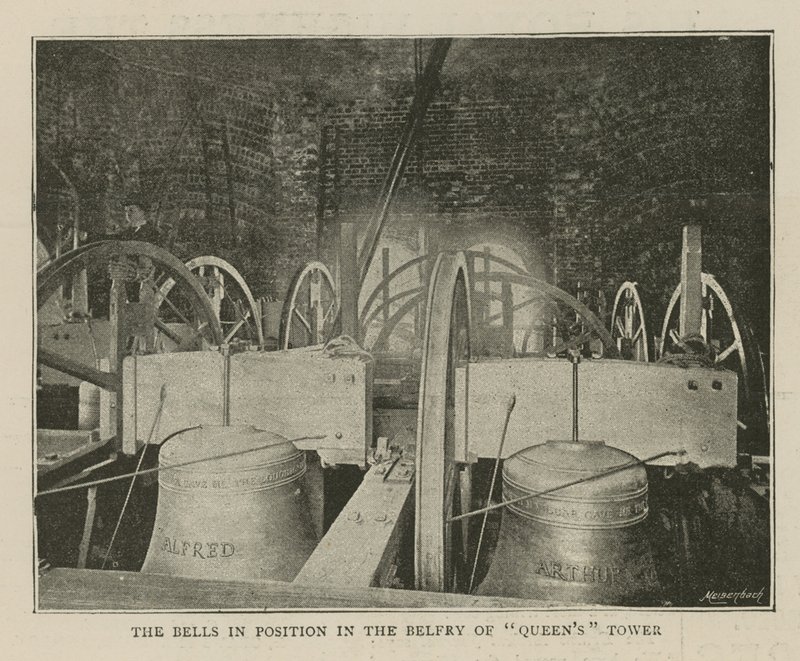 The Imperial Institute: The Bells in Position in the Belfry of Queens Tower by English School