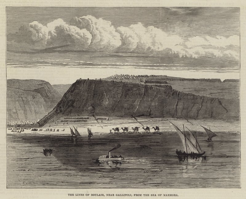 The Lines of Boulair, near Gallipoli, from the Sea of Marmora by English School