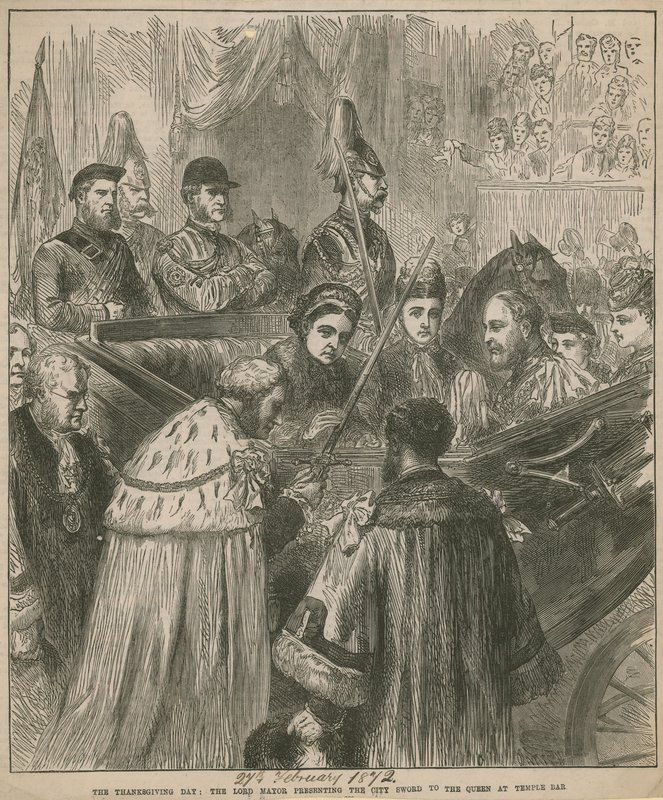 The Lord Mayor presenting the city sword to the Queen at Temple Bar by English School