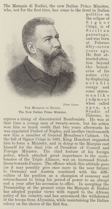 The Marquis di Rudini, the New Italian Prime Minister by English School