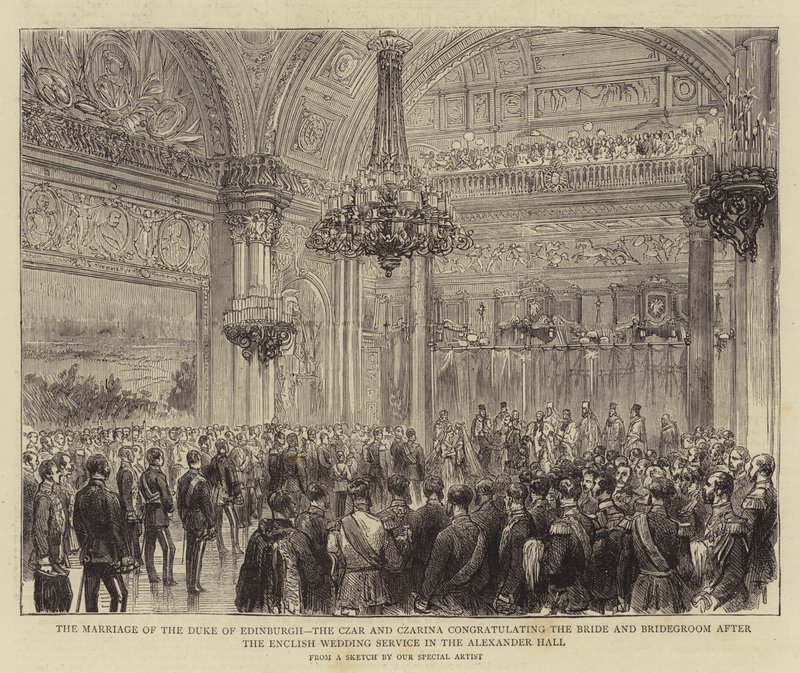 The Marriage of the Duke of Edinburgh, the Czar and Czarina congratulating the Bride and Bridegroom after the English Wedding Service in the Alexander Hall by English School
