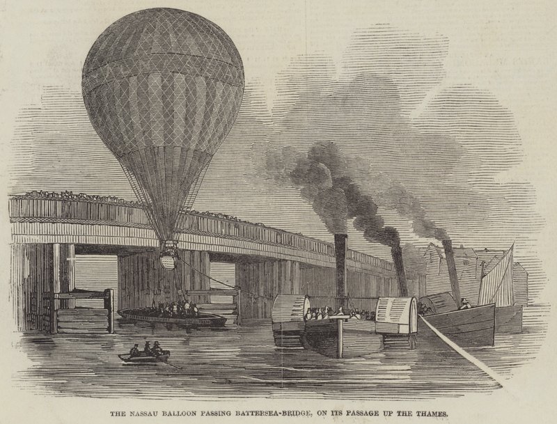 The Nassau Balloon passing Battersea-Bridge, on its Passage up the Thames by English School