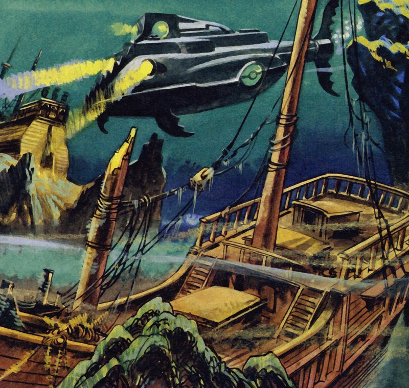 The Nautilus passed over the wrecked hulks of two French galleons by English School
