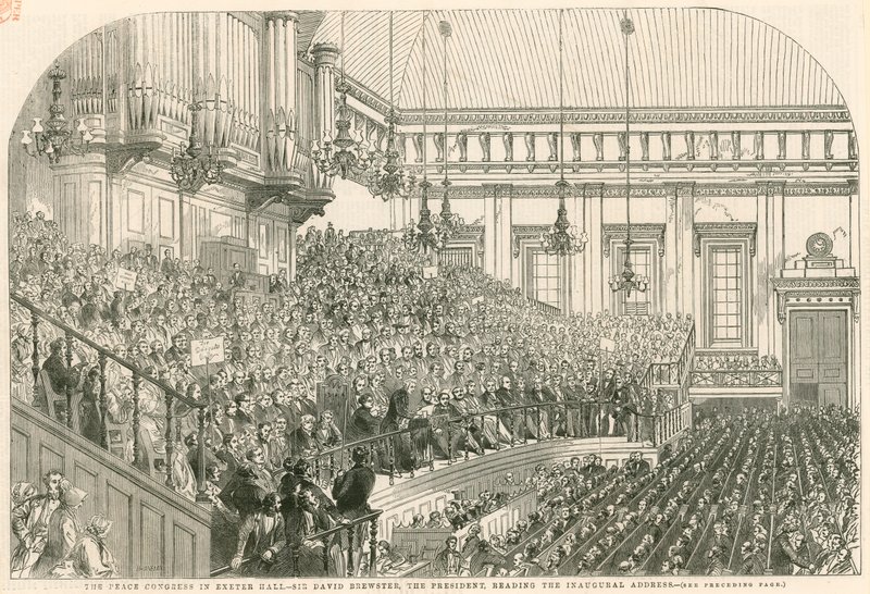 The Peace Congress in Exeter Hall, Sir David Brewster, the President, Reading the Inaugural Address by English School