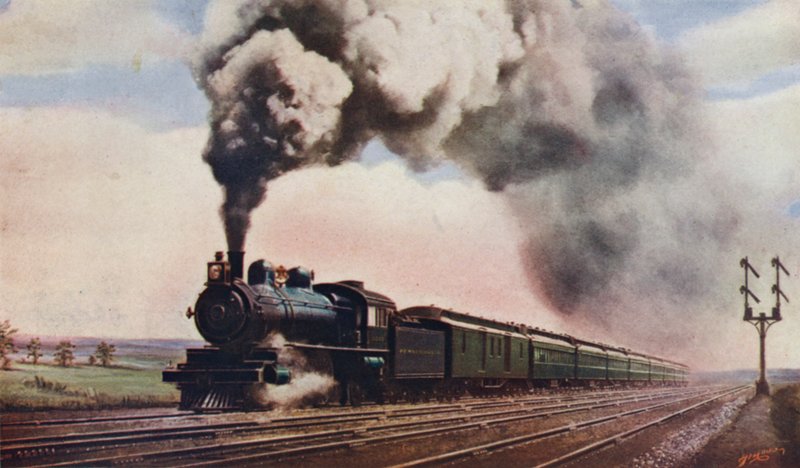 The Pennsylvania Limited at full speed, Pennsylvania Railroad, USA by English School