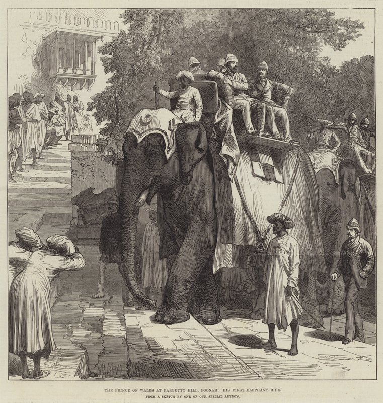 The Prince of Wales at Parbutty Hill, Poonah, his First Elephant Ride by English School