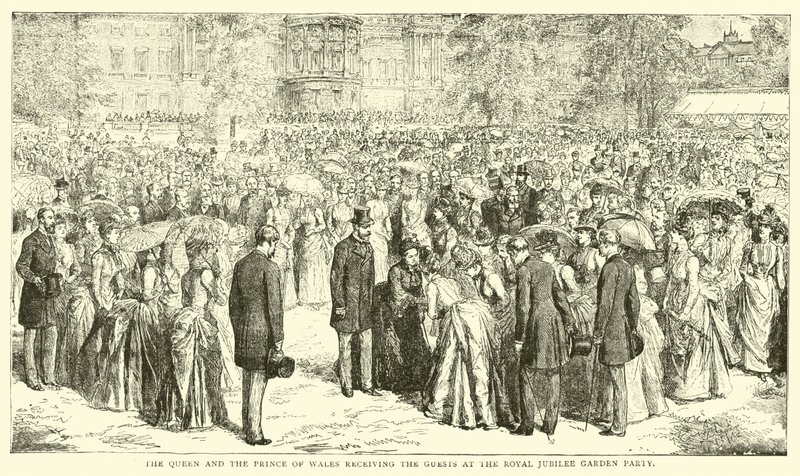The Queen and the Prince of Wales receiving the guests at the Royal Jubilee Garden party by English School