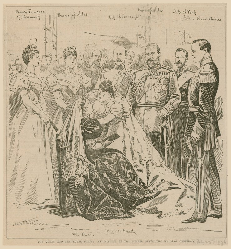 The Queen and the Royal Bride, an incident in the Chapel after the wedding ceremony, 23 July 1896 by English School
