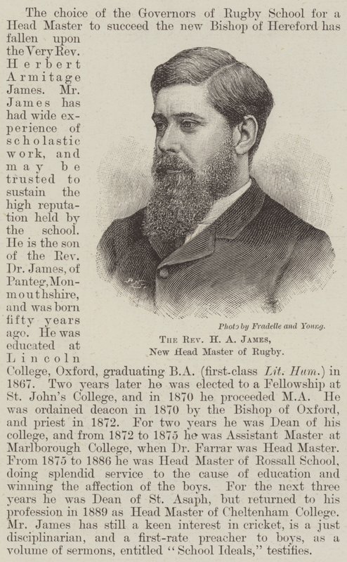 The Reverend H A James, New Head Master of Rugby by English School