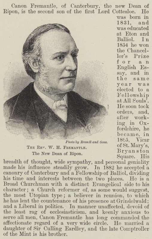 The Reverend W H Fremantle, the New Dean of Ripon by English School