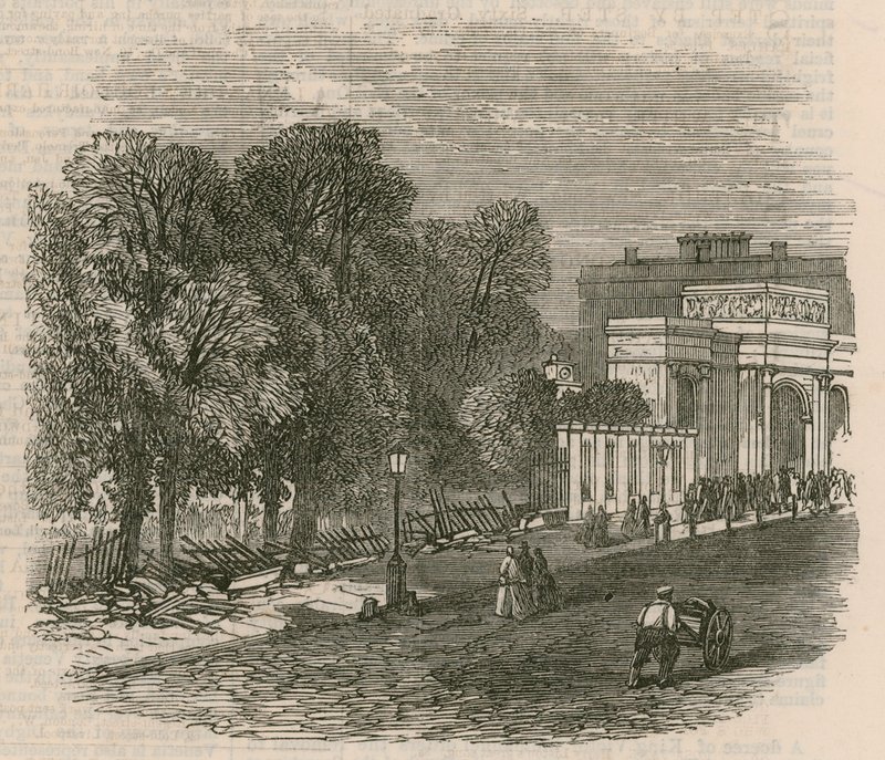 The Riot in Hyde Park: The broken railings at Hyde Park Corner by English School