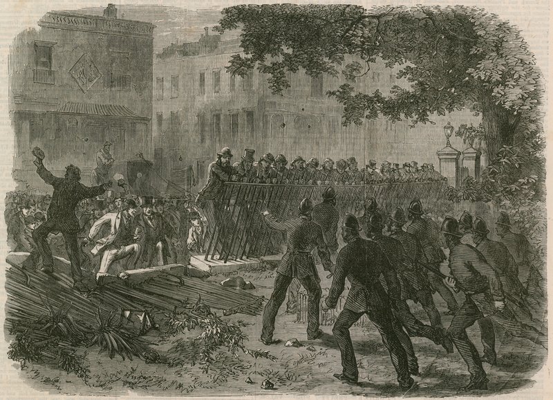 The Riot in Hyde Park: The mob pulling down the railings in Park Lane by English School