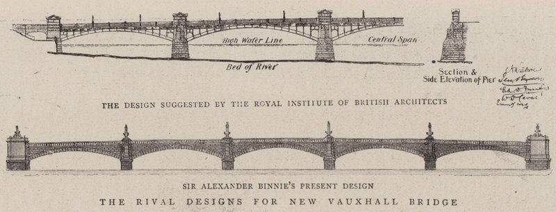 The Rival Designs for New Vauxhall Bridge by English School