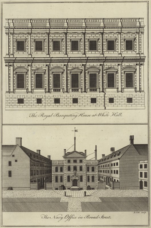 The Royal Banqueting House at Whitehall and the Navy Office in Broad Street, London by English School