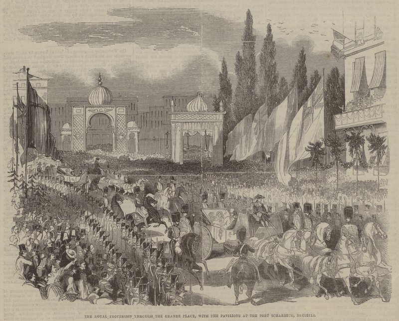 The Royal Procession through the Grande Place, with the Pavilions at the Port Scharbeck, Brussels by English School