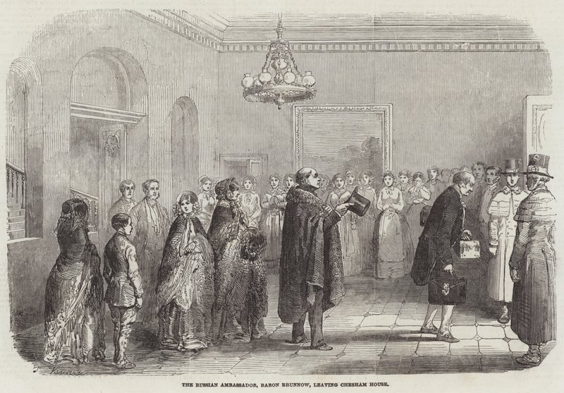 The Russian Ambassador, Baron Brunnow, leaving Chesham House by English School