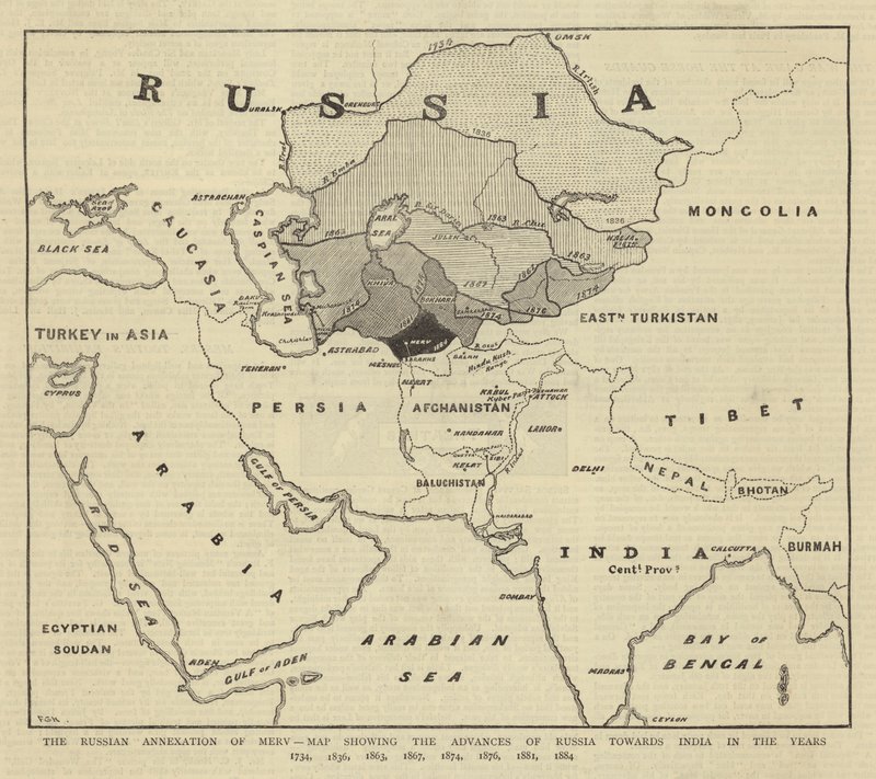 The Russian Annexation of Merv, Map showing the Advances of Russia towards India in the Years 1734, 1836, 1863, 1867, 1874, 1876, 1881, 1884 by English School