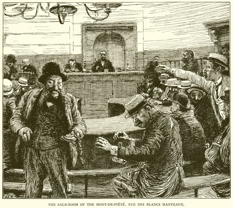 The Sale-Room of the Mont-de-Piete, Rue des Blancs Manteaux by English School
