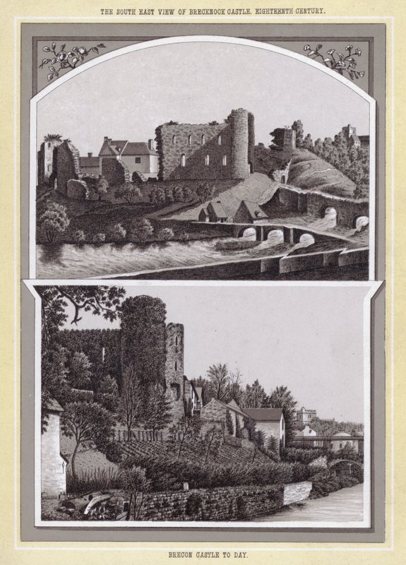 The South East View of Brecknock Castle, Eighteenth Century; Brecon Castle Today by English School