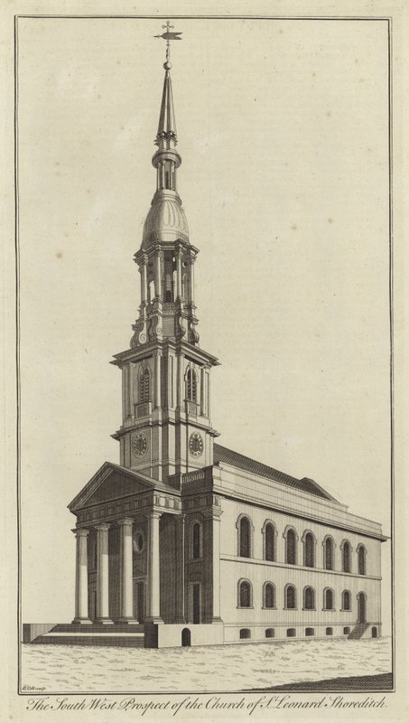 The South West Prospect of the Church of St Leonard, Shoreditch by English School