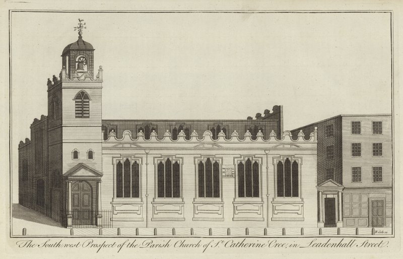 The South West Prospect of the Parish Church of St Catherine Cree in Leadenhall Street, London by English School