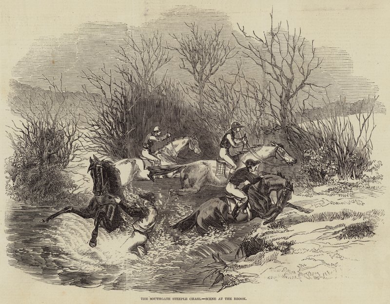 The Southgate Steeple Chase, Scene at the Brook (engraving) by English School