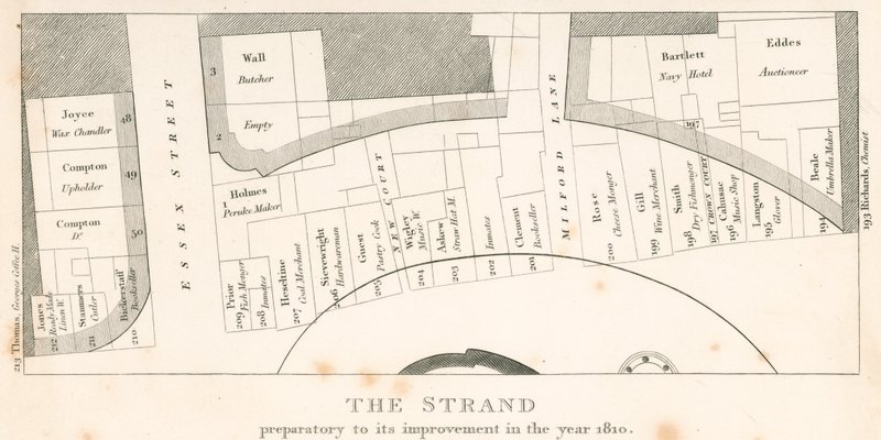 The Strand, London, prior to its improvement in the year 1810; plan of the area by English School