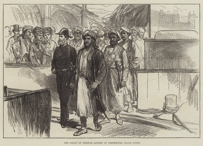 The Sultan of Zanzibar Landing at Westminster Palace Stairs by English School