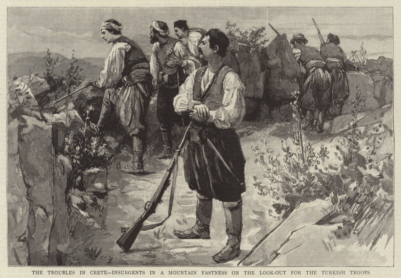 The Troubles in Crete, Insurgents in a Mountain Fastness on the Look-out for the Turkish Troops by English School