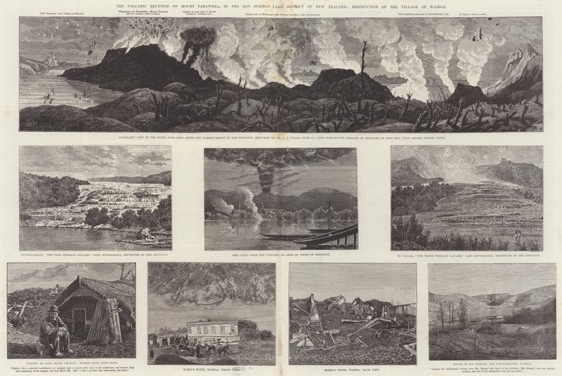 The Volcanic Eruption of Mount Tarawera, in the Hot Springs Lake District of New Zealand, Destruction of the Village of Wairoa by English School