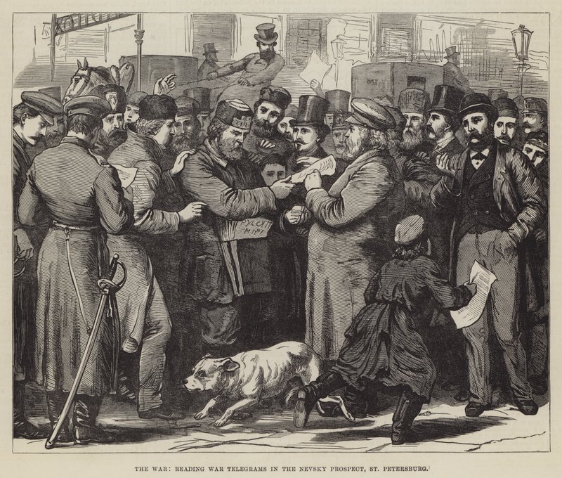 The War, reading War Telegrams in the Nevsky Prospect, St Petersburg by English School