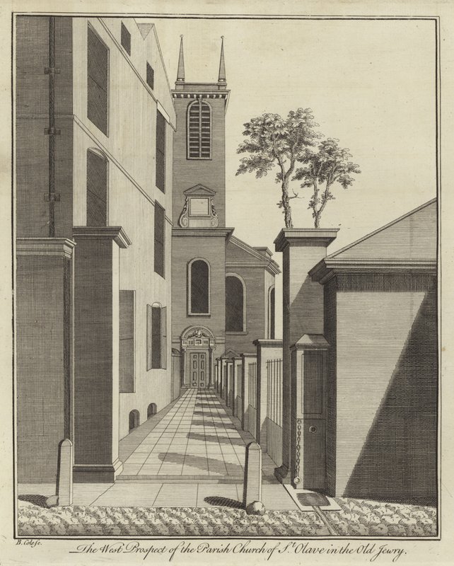 The West Prospect of the Parish Church of St Olave in the Old Jewry, London by English School