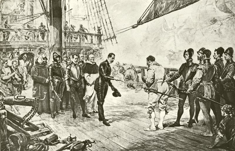 The Admiral of the Spanish Armada Surrenders to Drake (engraving) by English School