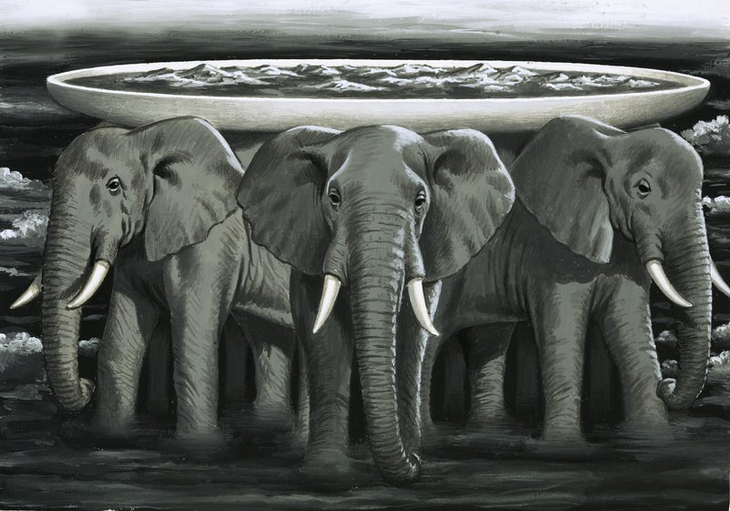 The Ancient Asiatic Legend that the Earth Was Shaped Like a Saucer Resting on the Backs of Elephants by English School