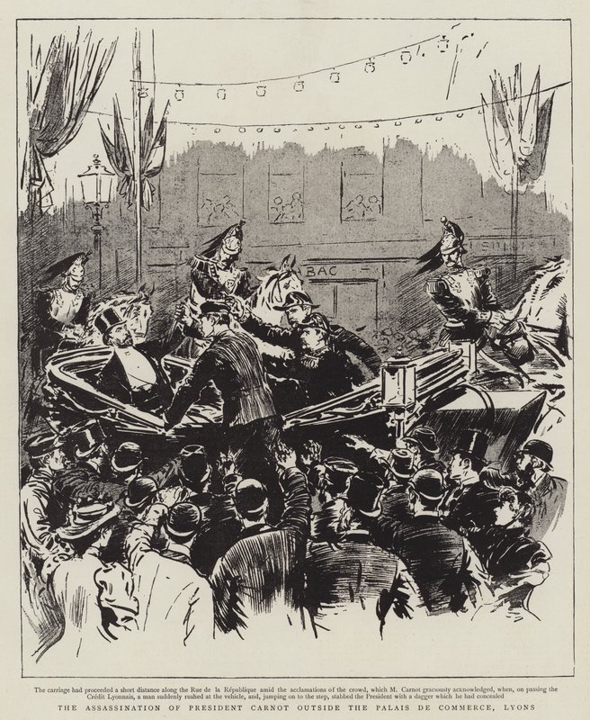 The assassination of President Carnot outside the Palais de Commerce, Lyons by English School