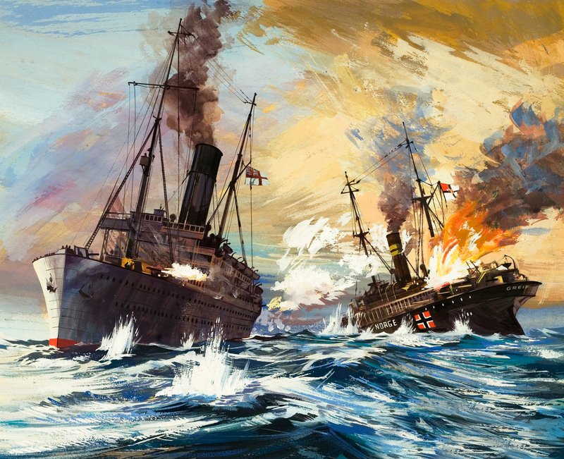 The Battle Between the British Alcantara and German Grail in World War I by English School
