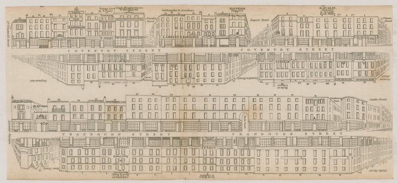 The buildings of Leicester Square, London, along Coventry Street and Cranbourne Street by English School