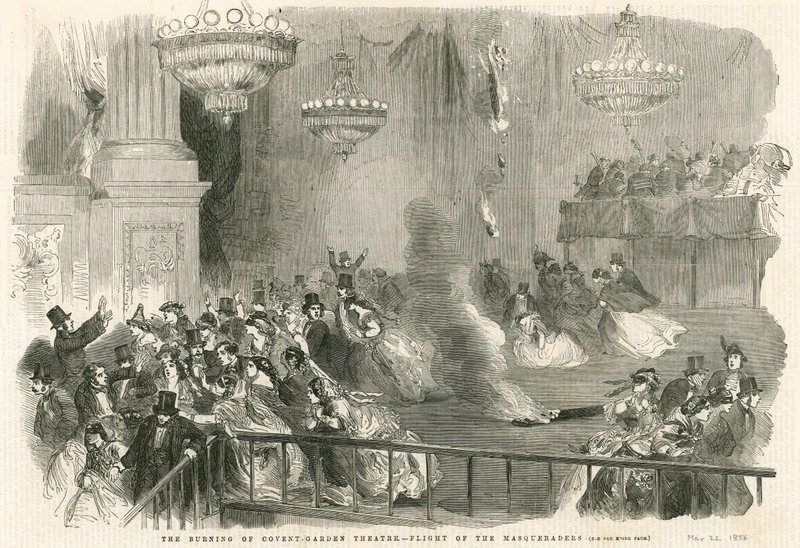 The burning of Covent Garden Theatre, London - flight of the Masqueraders by English School