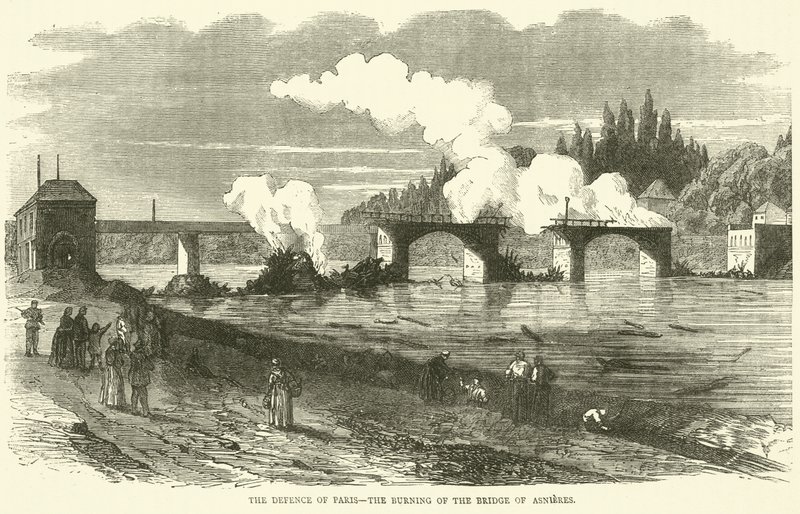 The Defence of Paris, the Burning of the Bridge of Asnieres, November 1870 by English School