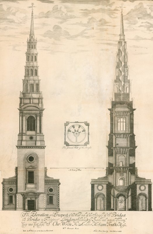 The elevation and prospect of the west end of the steeple of St Brides church in Fleet Street, London by English School