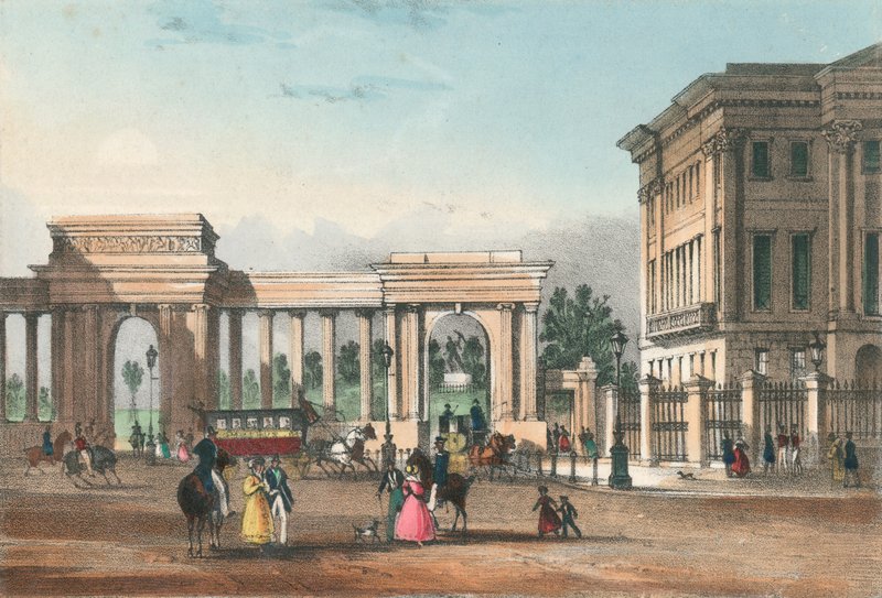 The entrance to Hyde Park from Piccadilly with the West Wing of Apsley House by English School