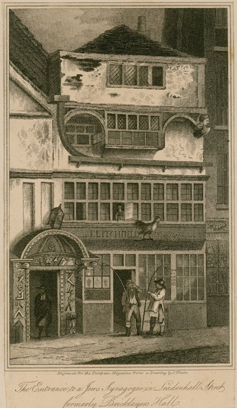 The entrance to a Jewish Synagogue in Leadenhall Street, London, formerly Bricklayers Hall by English School