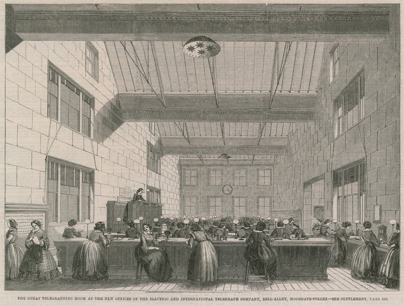 The Great Telegraphing Room at the New Offices of the Electric and International Telegraph Company by English School