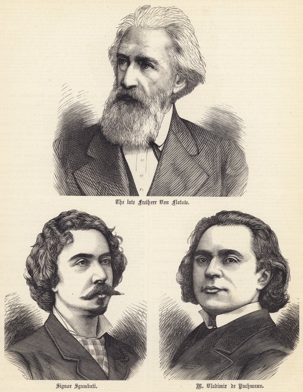 The late Freiherr Von Flotow, Signor Sgambati, M Vladimir de Pachmann (engraving) by English School