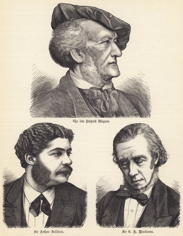 The late Richard Wagner, Sir Arthur Sullivan, Sir G A Macfarren (engraving) by English School