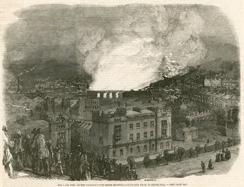 The late fire at the Camden Town Goods Station, sketched from Primrose Hill, London by English School