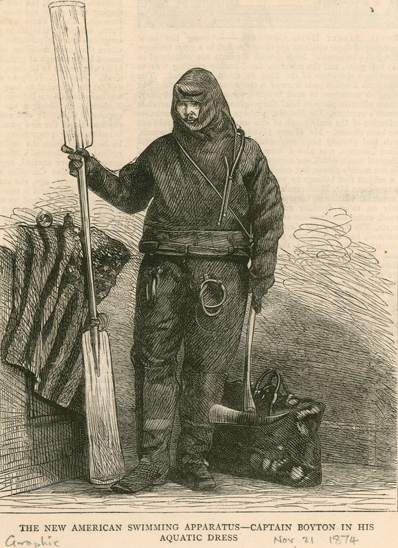 The new American swimming apparatus - Captain Boyton in his aquatic dress by English School