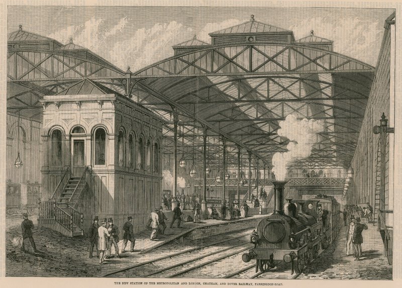 The New Station of the Metropolitan and London, Chatham and Dover Railway, Farringdon Road, London by English School