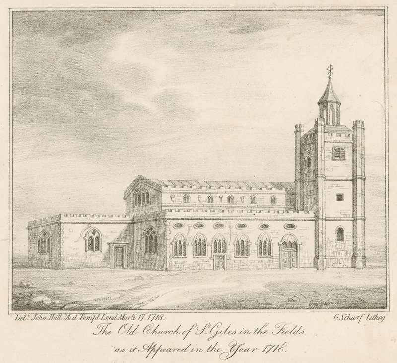 The old church of St Giles in the Fields, London, as it appeared in the year 1718 by English School